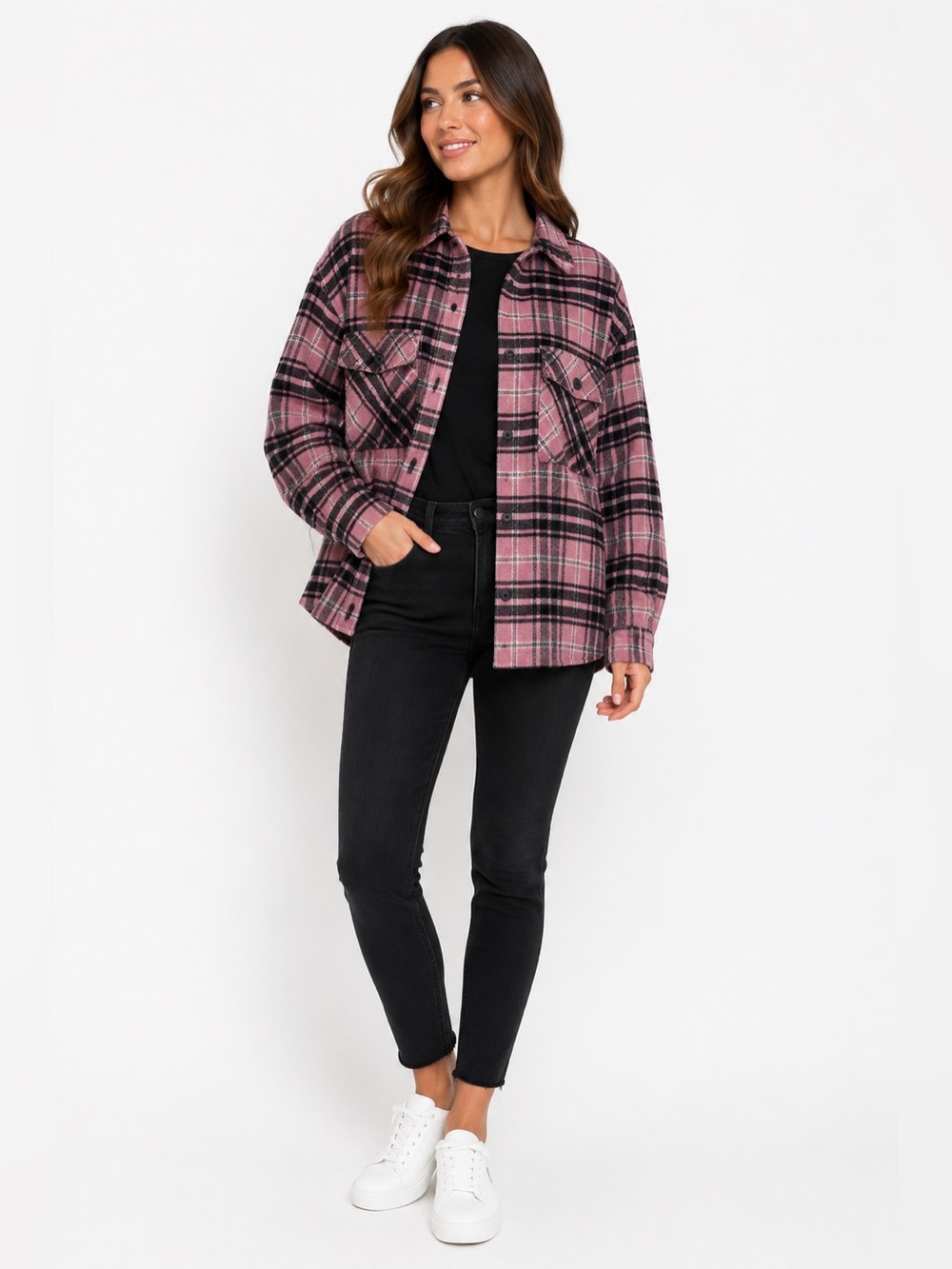 JUST POLLY Pink Plaid Button-Down Shacket